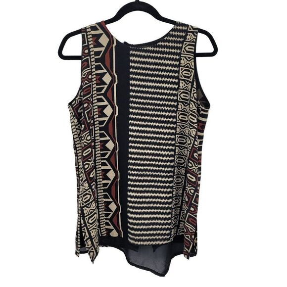 Vintage 80s Sleeveless Tunic Blouse L Black Artsy Lagenlook Aztec Tribal Italy - Picture 3 of 15